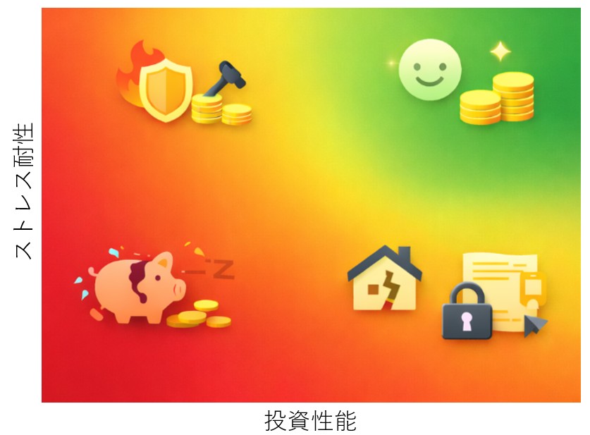 投資性能とストレス耐性の2軸で物件を評価するマップ図